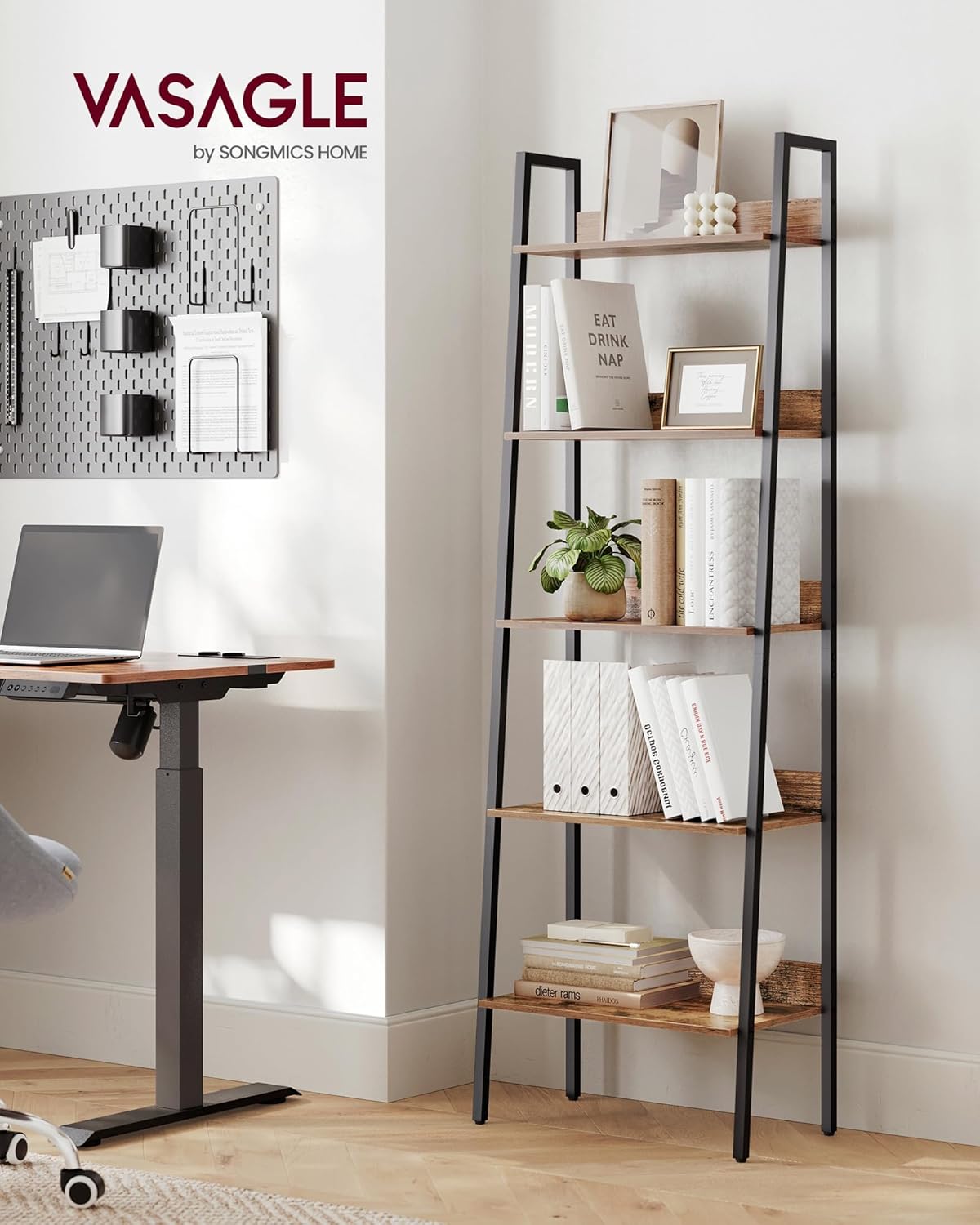 VASAGLE Biblioteca tip scara, cadru otel cu 5 polite, stil industrial, 60x30x170 cm, maro - 2
