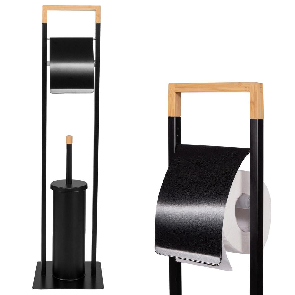 Stand cu perie WC si suport hartie igienica, metal si bambus, 74cm, negru