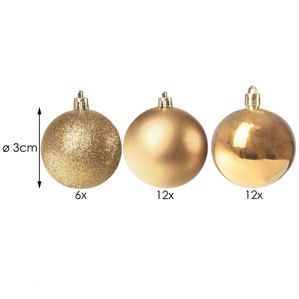 Set globuri de Craciun, 30 bucati, 3 modele, 3cm, auriu