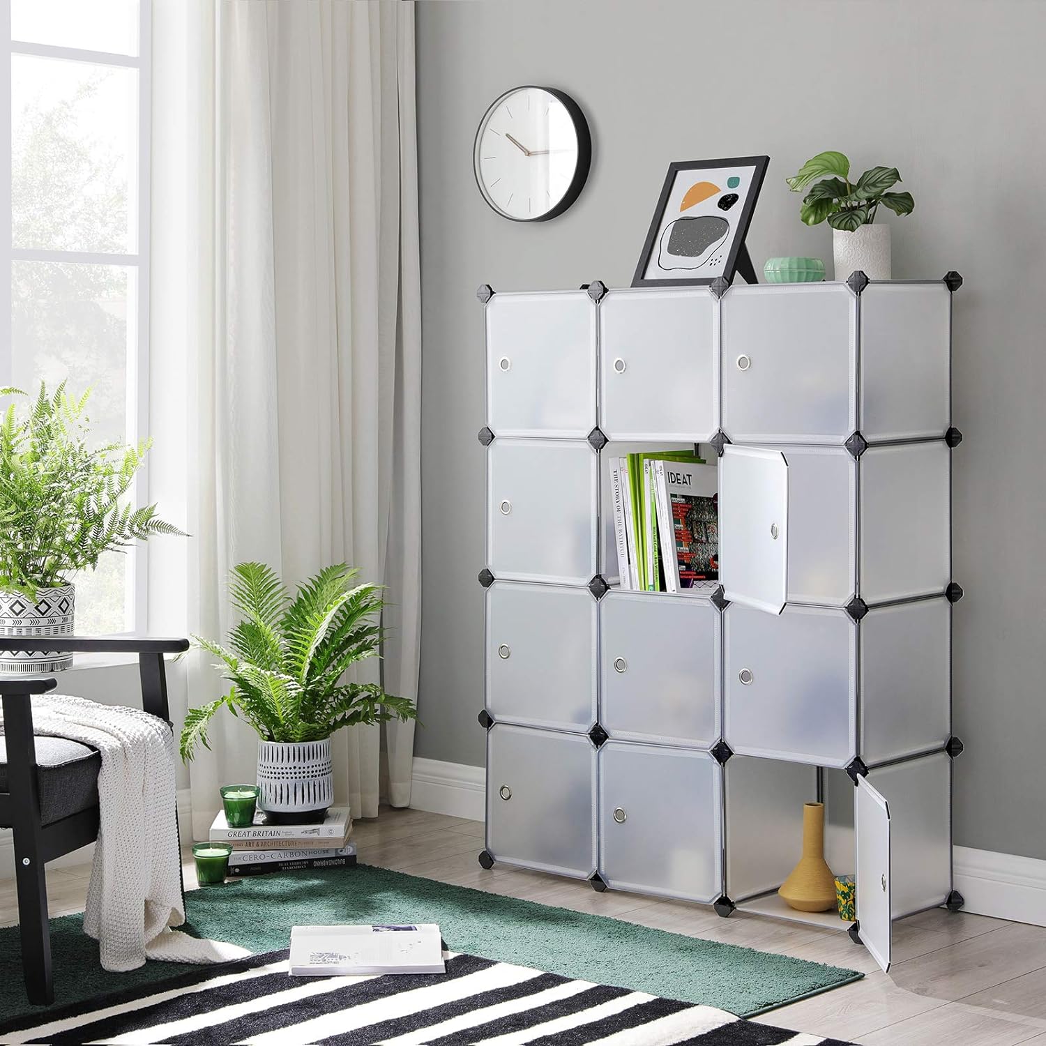 SONGMICS Unitate de depozitare cu 12 cuburi, pentru pantofi sau haine, personalizabil, 31x93x123 cm, alb transparent