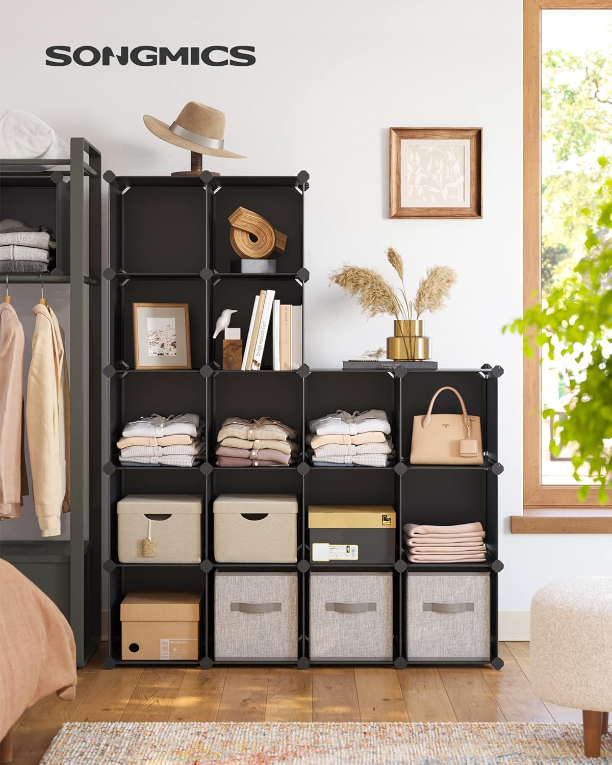 SONGMICS Unitate de depozitare cu 16 cuburi, pentru pantofi sau haine, personalizabil, 31x123x123 cm, negru