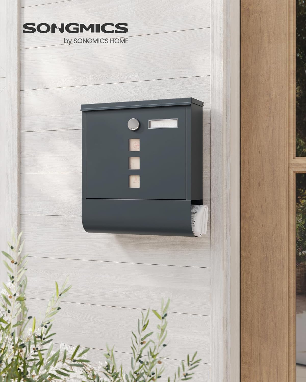 SONGMICS Cutie postala de exterior, pentru gard sau perete, din otel zincat, cu incuietoare, 31x10x34cm, gri