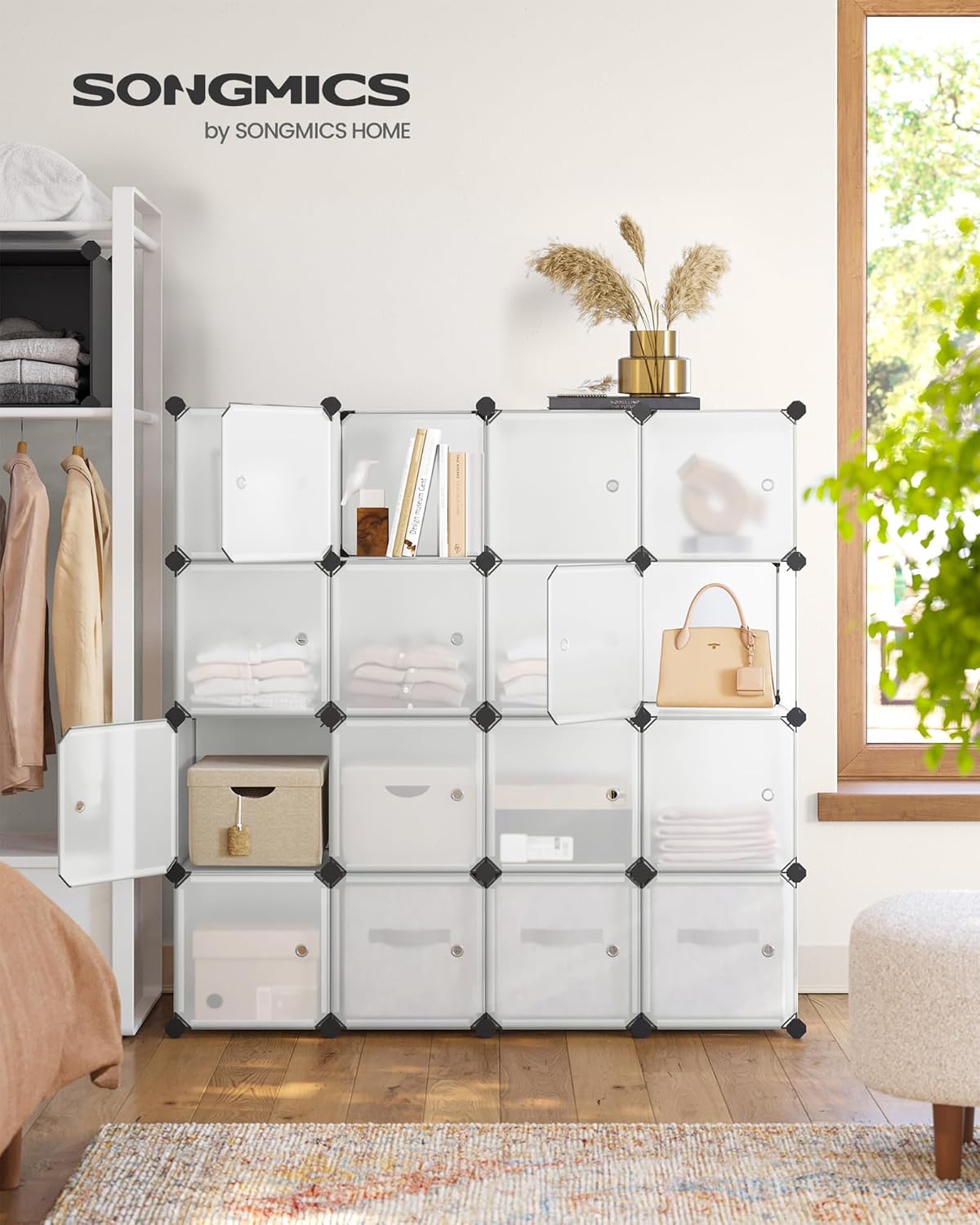 SONGMICS Unitate de depozitare cu 16 cuburi, pentru pantofi sau haine, personalizabil, 31x123x123 cm, alb transparent - 2