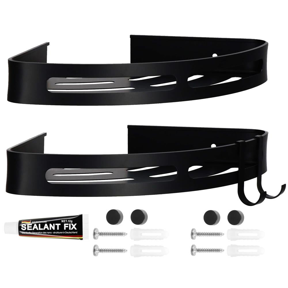 Set de 2 rafturi de baie pentru colt cu 2 sisteme instalare pe perete, aluminiu, 27x20x4cm, negru