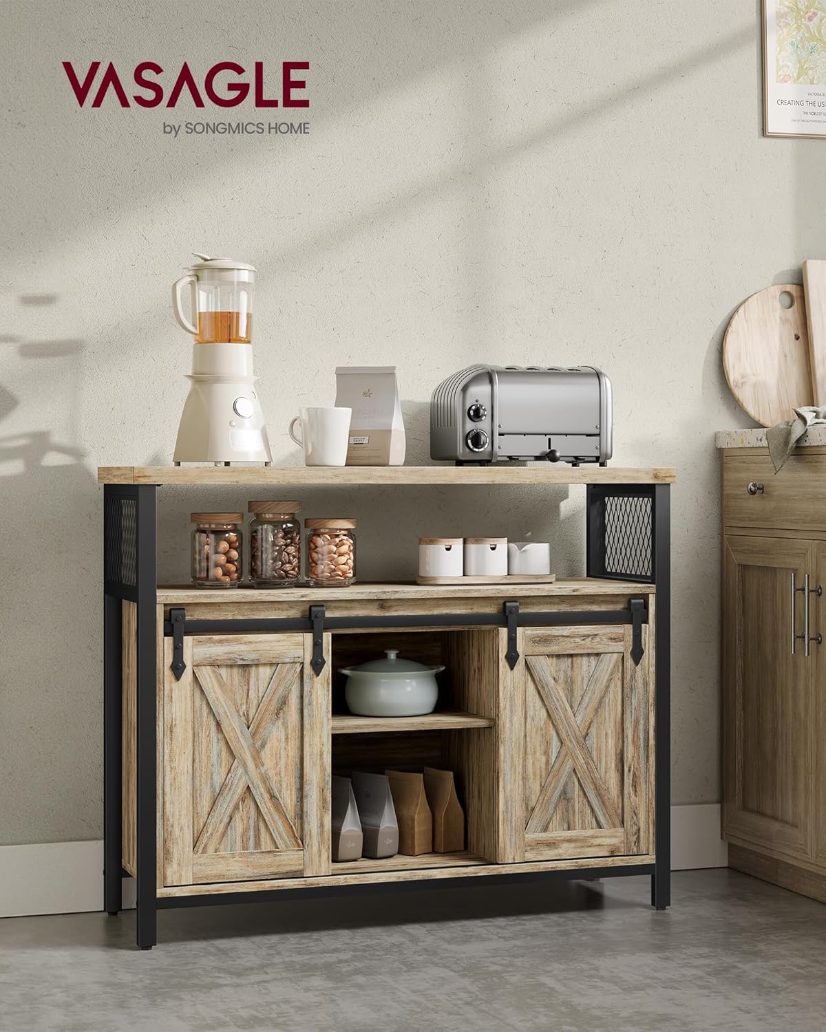 VASAGLE Comoda pentru living sau bucatarie, cu 2 usi glisante, rafturi reglabile, stil rustic, 33x100x80 cm, maro natur