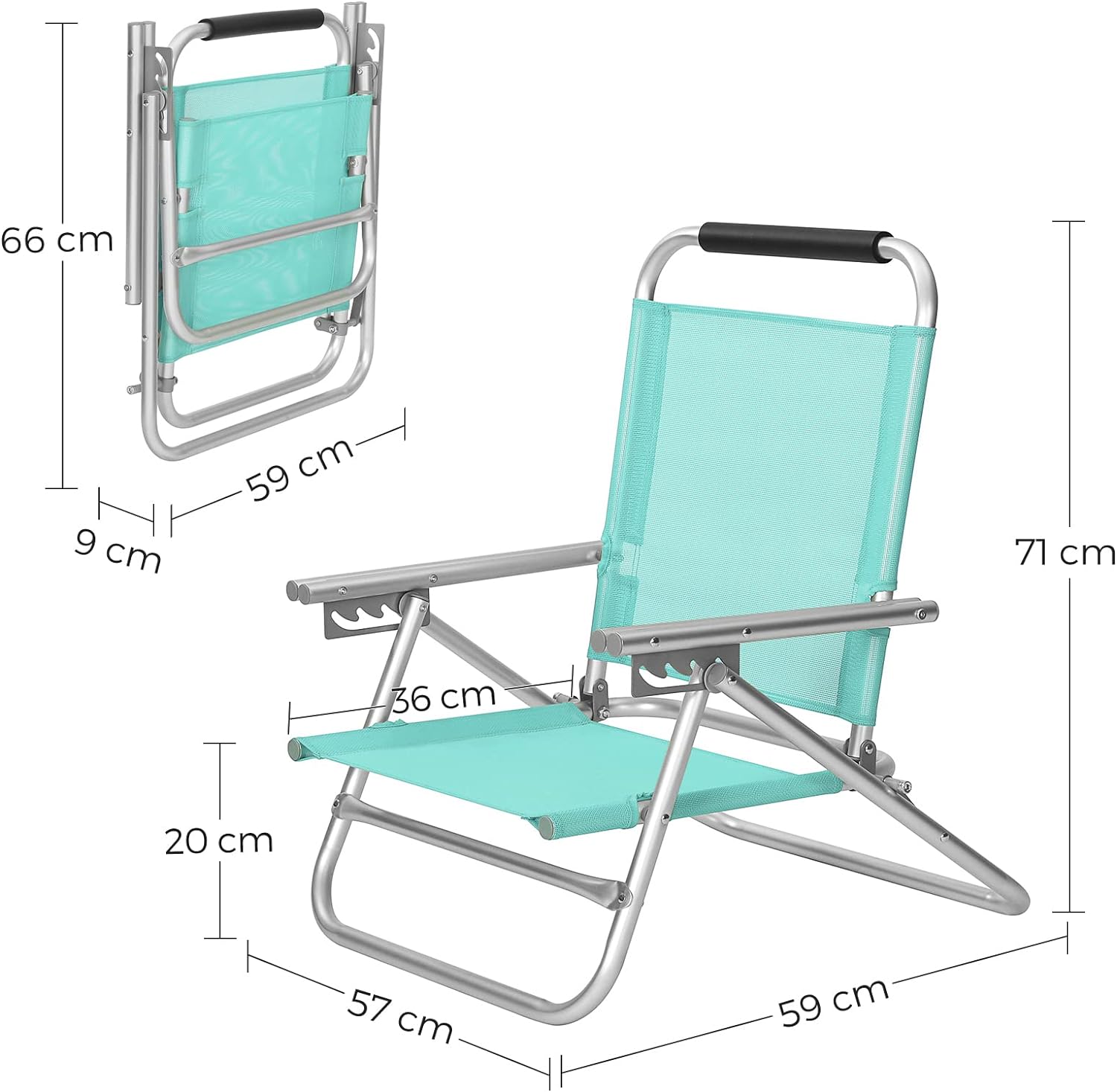 SONGMICS Scaun de plaja portabil cu spatar rabatabil in 4 pozitii, cu cotiere, maxim 150kg, verde