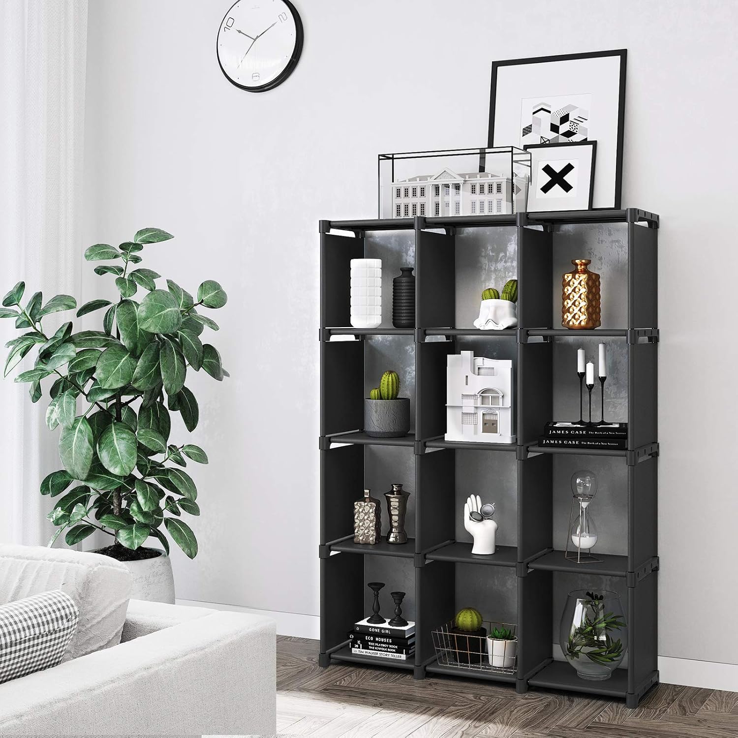 SONGMICS Raft de depozitare modular cu 12 cuburi, textil, personalizabil, 30x105x140 cm, negru