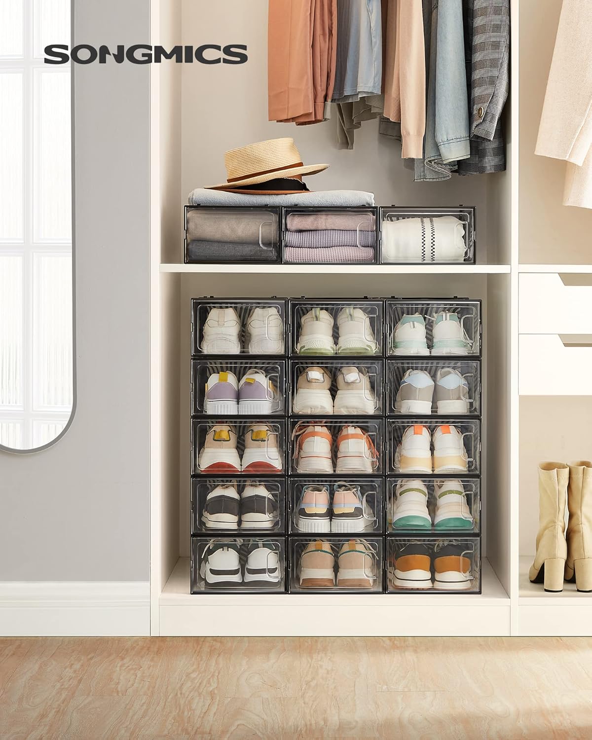 SONGMICS Cutii de pantofi, set 18 organizatoare stivuibile, structura rezistenta ABS, 34x23x14 cm, transparent si negru