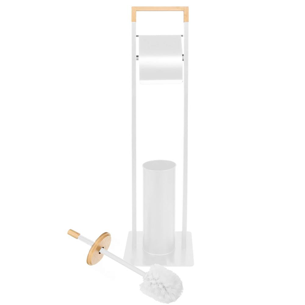 Stand cu perie WC si suport hartie igienica, metal si bambus, 76cm, alb perla