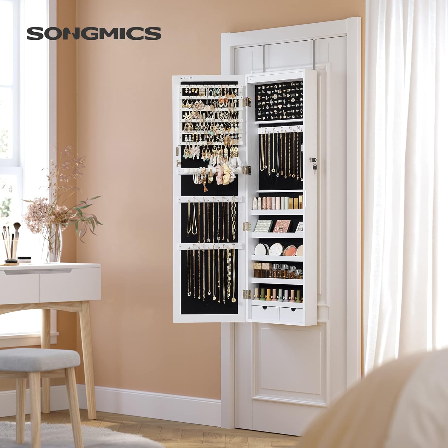 SONGMICS Dulap de bijuterii cu oglinda, montare pe perete, incuietoare, 37x10x120cm, alb