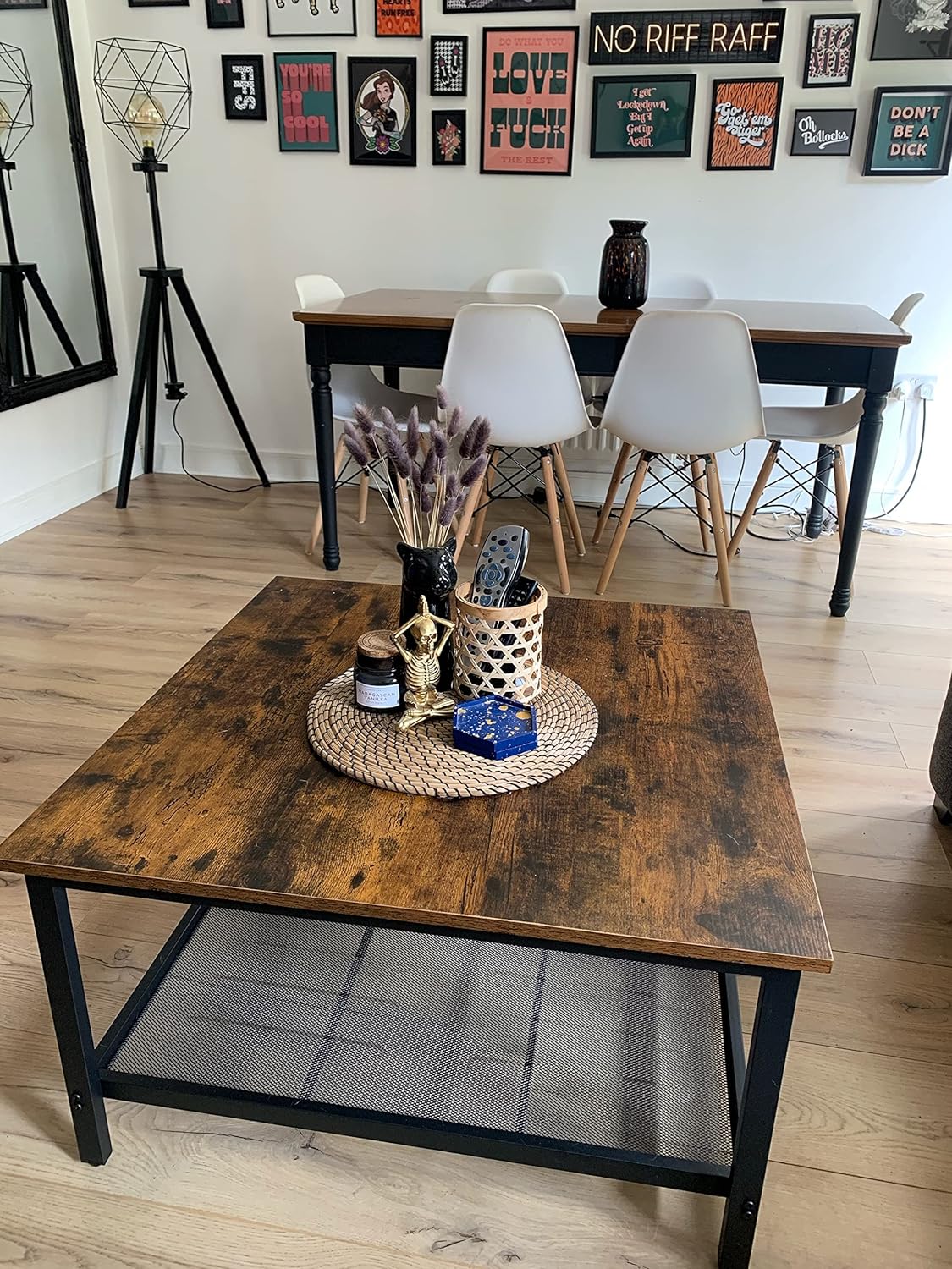 VASAGLE Masa de cafea patrata, cadru otel si polita de depozitare, stil industrial, 80x80x45cm, maro rustic si negru