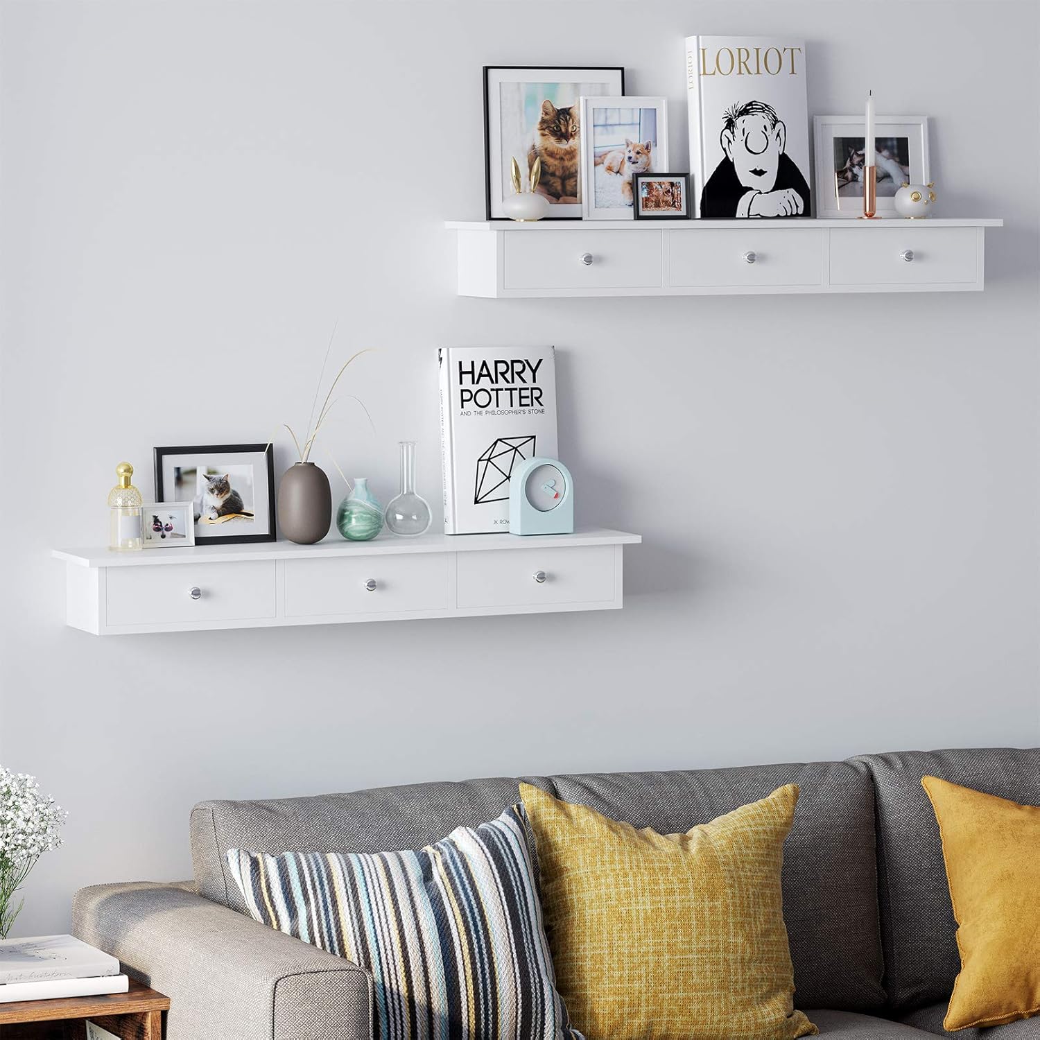 SONGMICS Raft de perete plutitor cu 3 sertare, din MDF lucios, 80x15x10 cm, alb