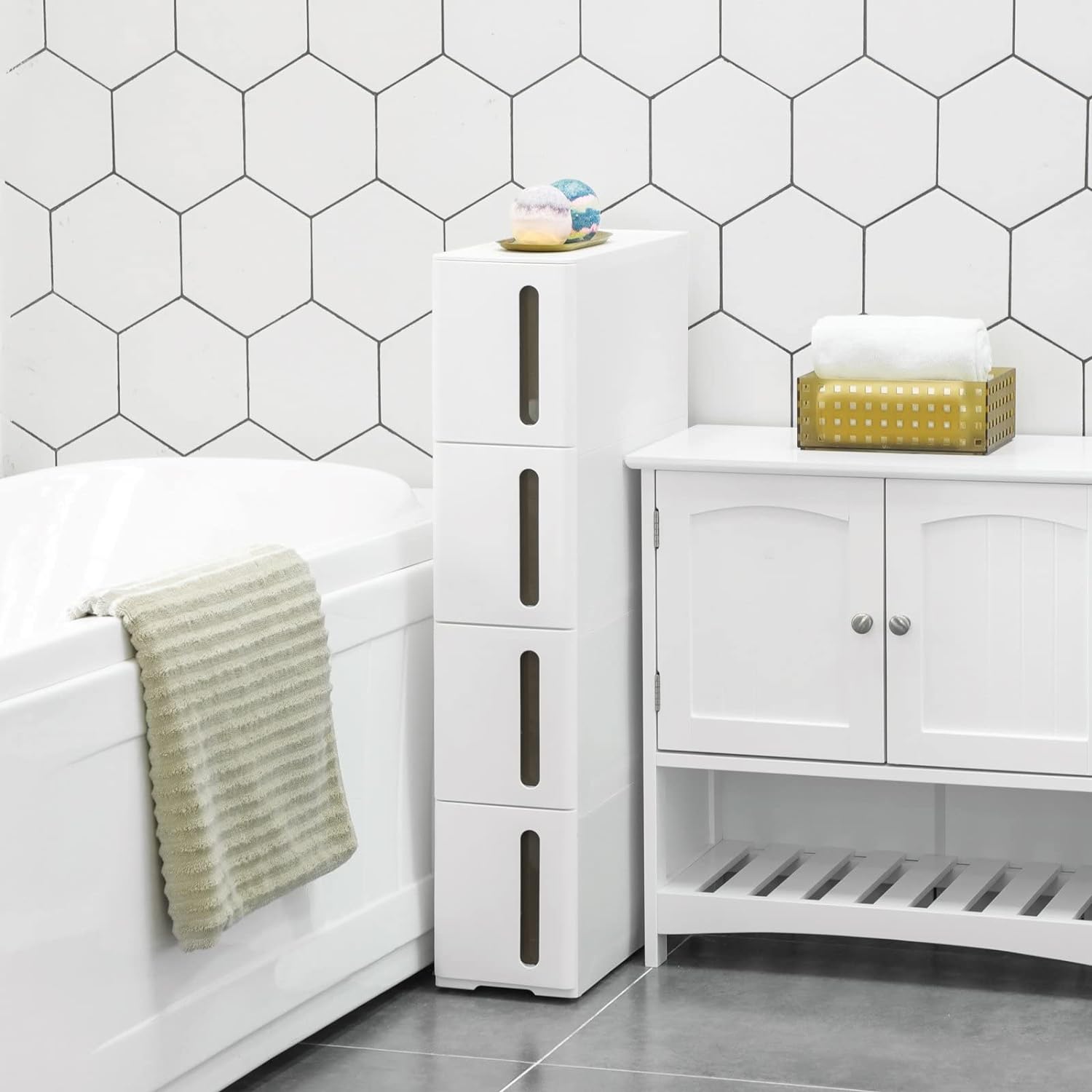SONGMICS Dulap de depozitare pe roti, pentru bucatarie sau baie, din plastic, cu 4 nivele, 45x17x84cm, alb