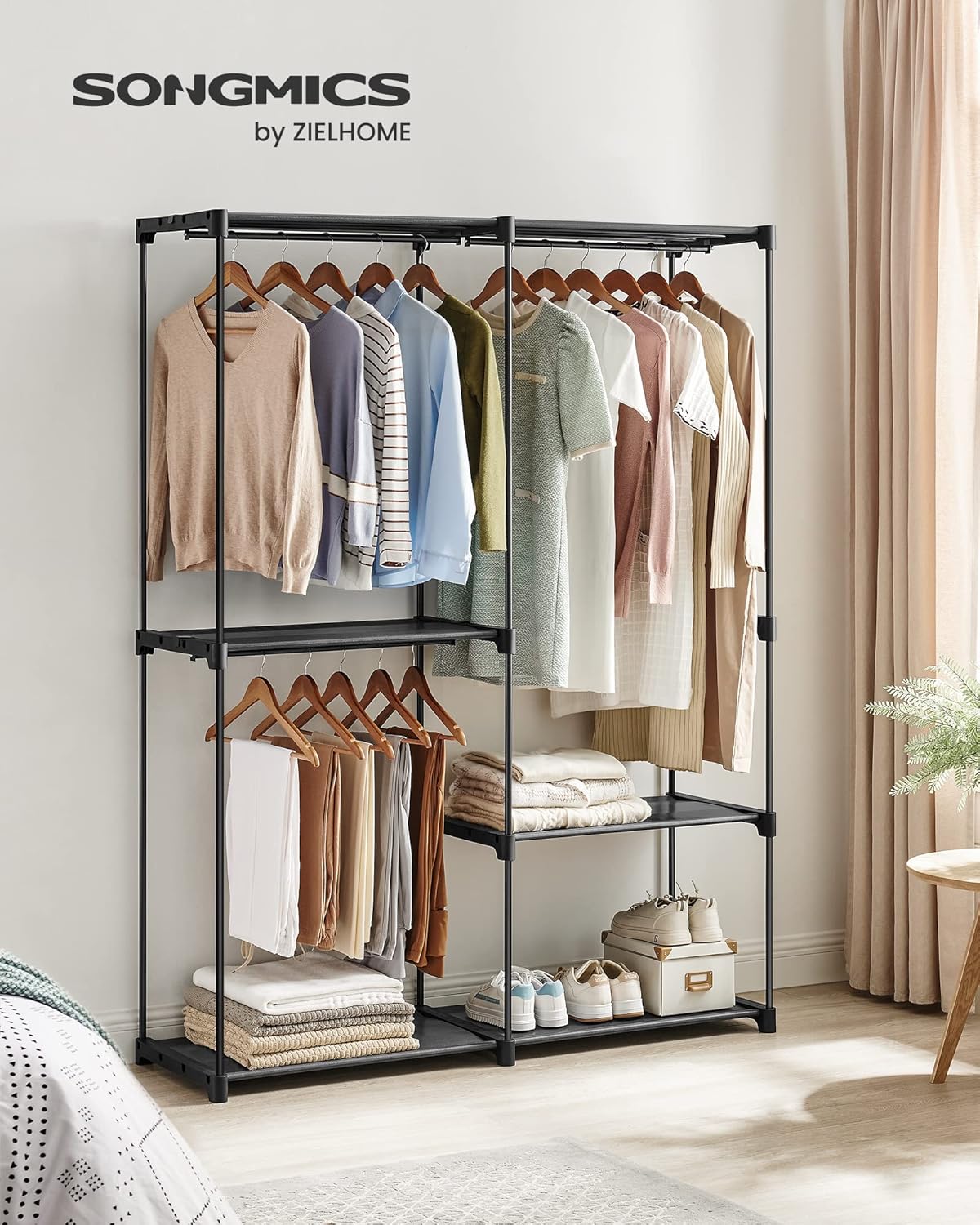 SONGMICS Dulap de haine portabil, cu 3 bare de agatat si rafturi, 138x43x182 cm, negru