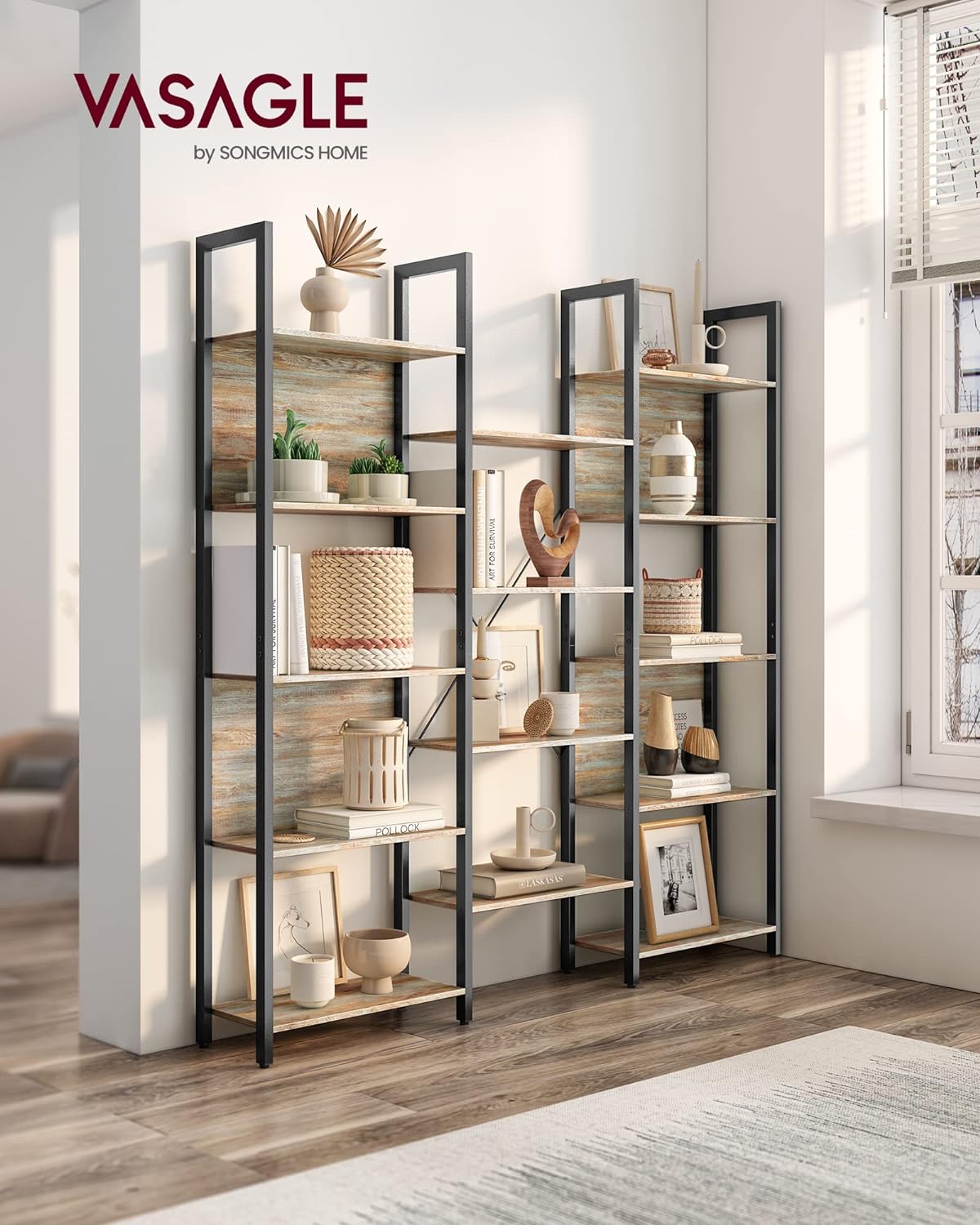 VASAGLE Biblioteca cu 14 rafturi din lemn, cadru metalic, 24x158x166cm, stil industrial, stejar si negru