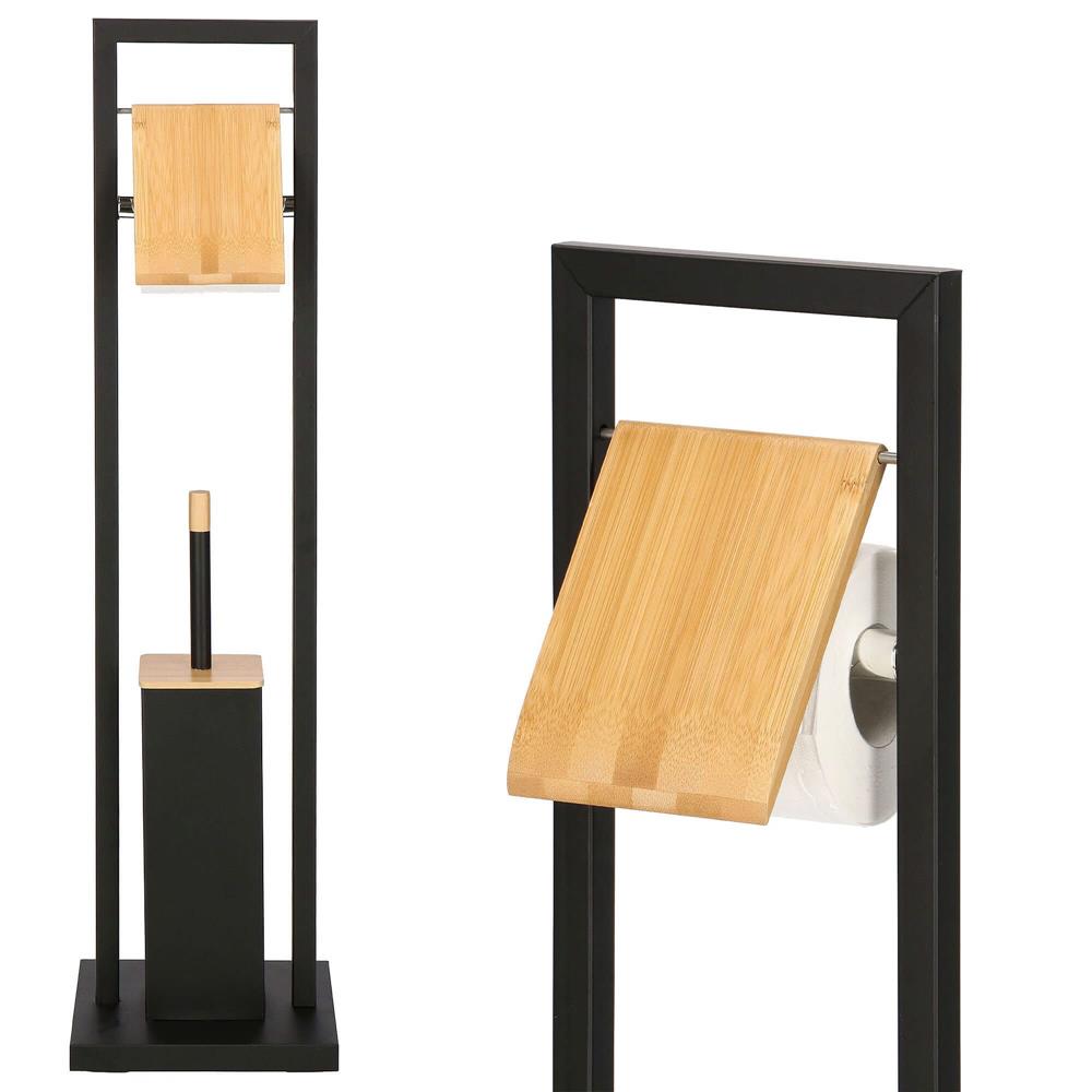 Stand cu perie WC si suport hartie igienica, metal si bambus, 80cm, negru