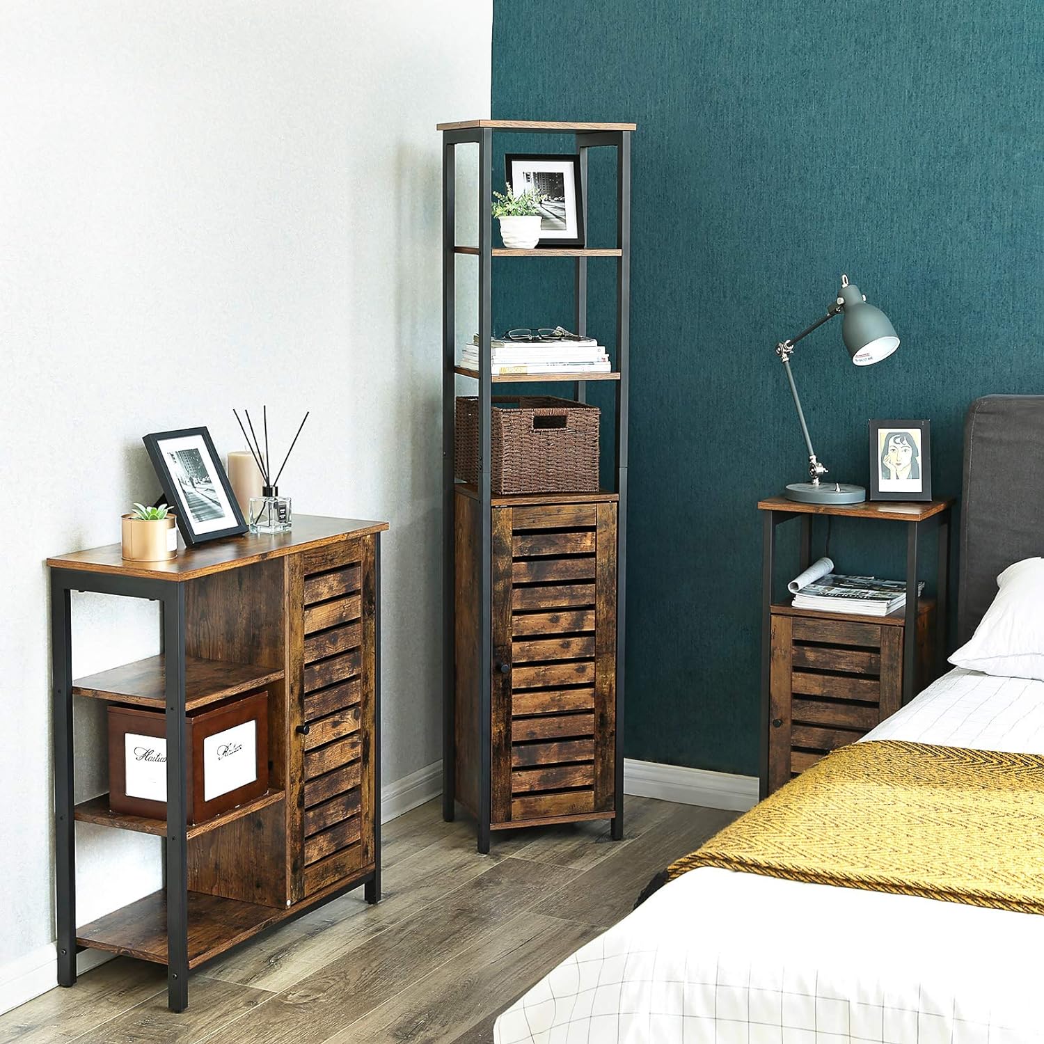 Dulap de depozitare in stil turn, 5 rafturi, compartiment cu usa, 37x30x167cm, maro rustic