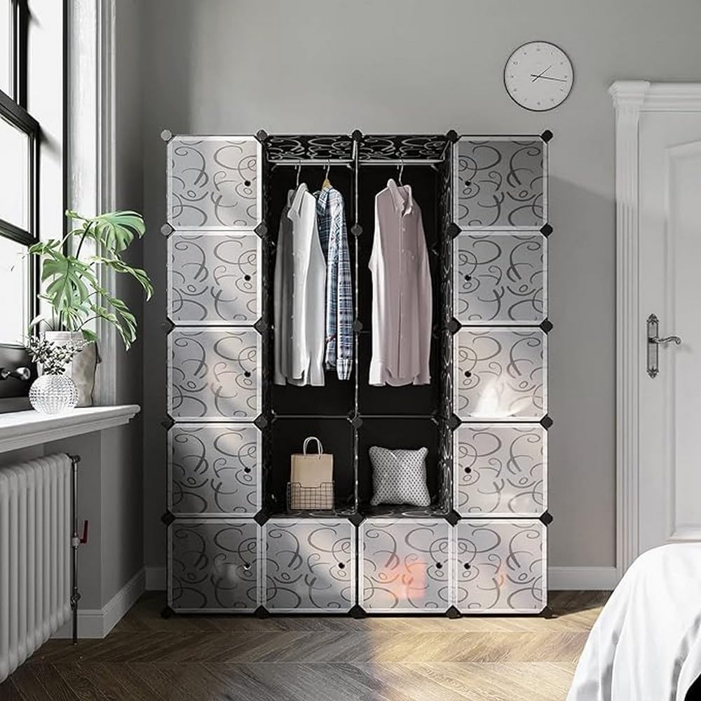 SONGMICS Dulap de depozitare modular, 12 compartimente inchise, 2 sine pentru umerase, 178x143x36cm, negru si alb