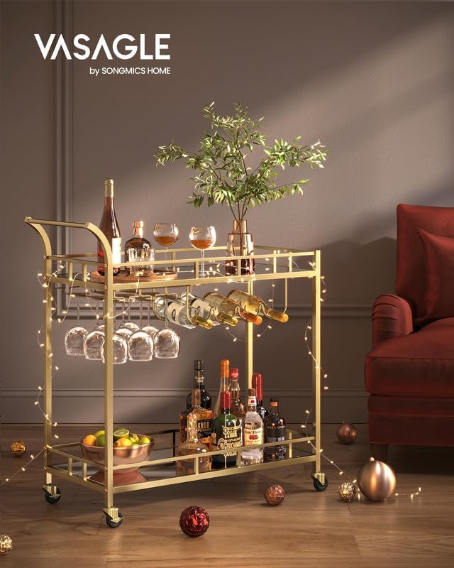 VASAGLE Carucior de servire pentru vin, suport sticle si pahare, cu 2 rafturi din sticla, 38x86x90cm, auriu