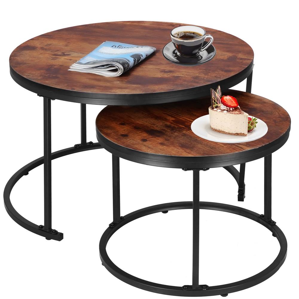 Set 2 mese pentru cafea suprapozabile, cadru otel, 70x70x47 cm si 50x50x40 cm, maro