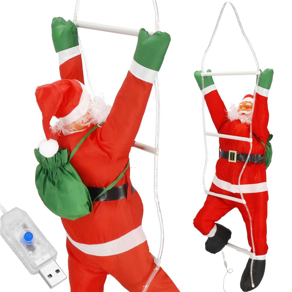 Figurina Craciun, Mos Craciun pe scara, cu iluminare LED, alimentare USB, pentru interior