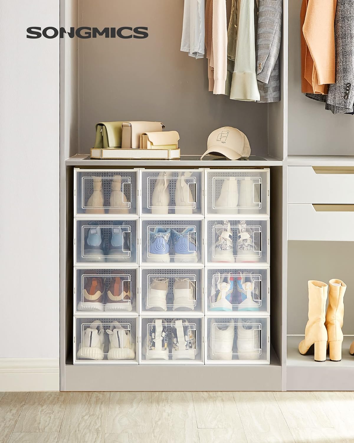 Cutii de pantofi, set de 12 organizatoare stivuibile, structura rezistenta ABS, 35x25x19cm, transparent