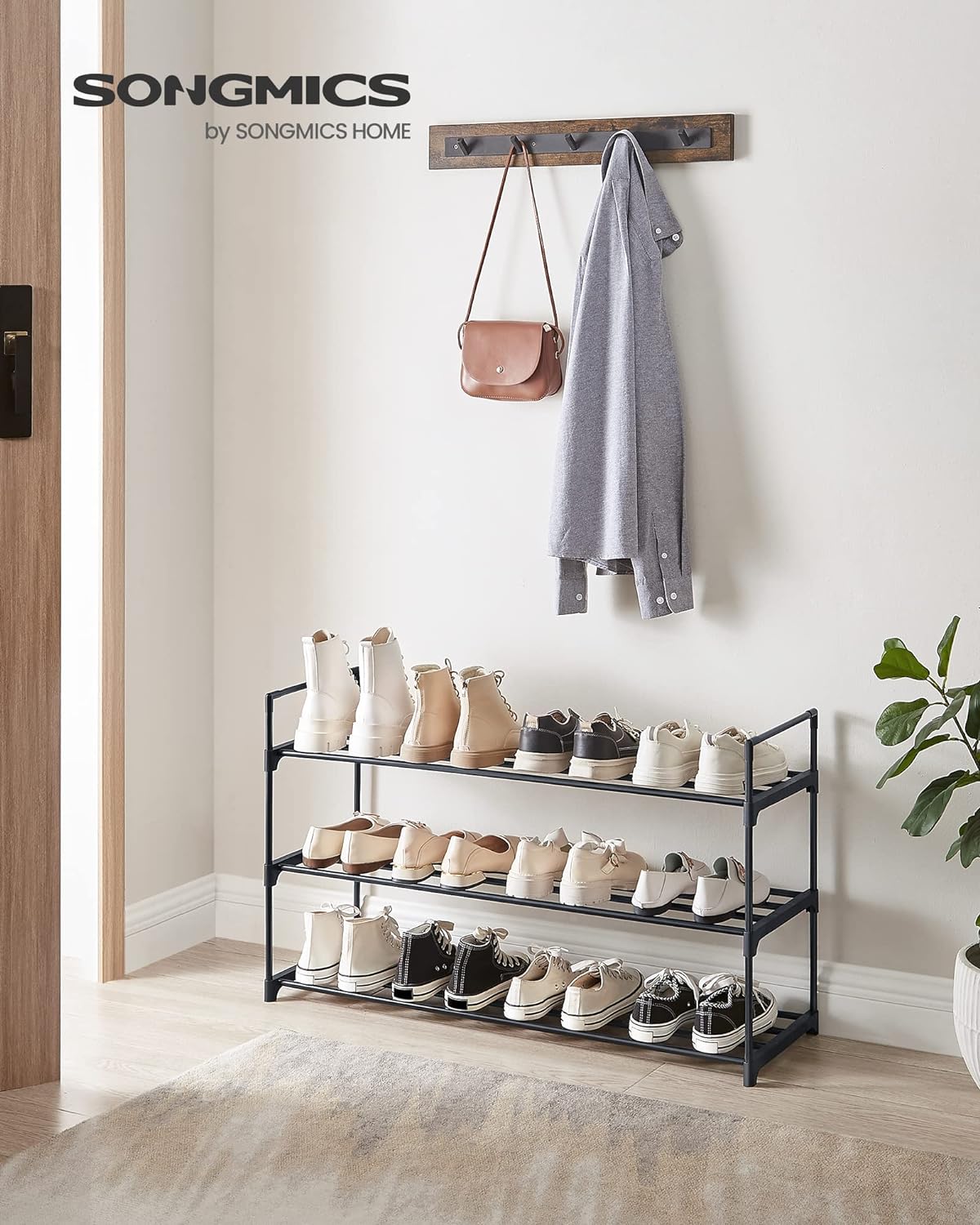 SONGMICS Suport pentru pantofi, cadru metalic cu 3 nivele, 12-15 perechi, stivuibil, 54x92x30cm, negru