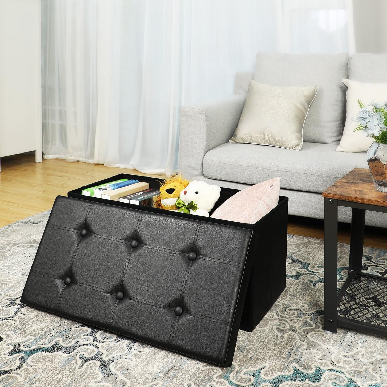 SONGMICS Taburet pliabil cu sezut moale, spatiu depozitare 80 litri, max 300kg, 76x38x38 cm, negru