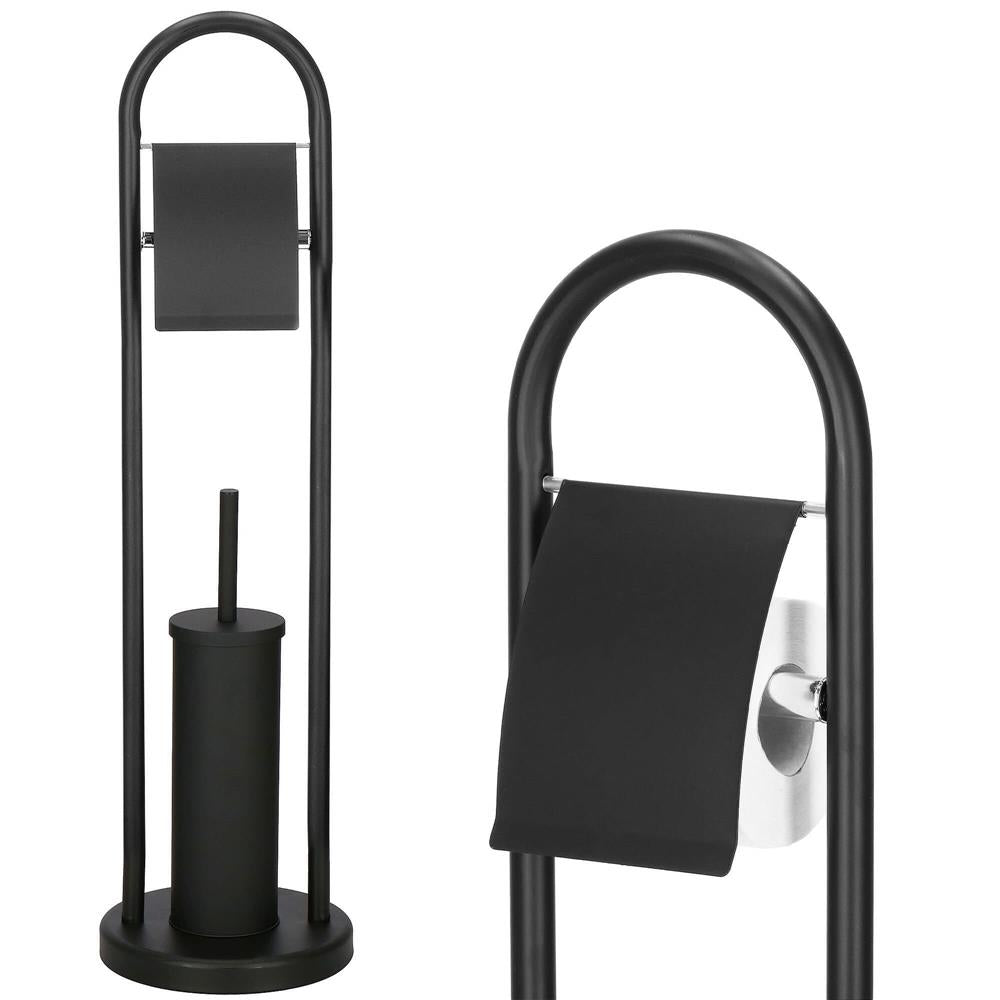 Stand cu perie WC si suport hartie igienica, metal, 80cm, negru mat