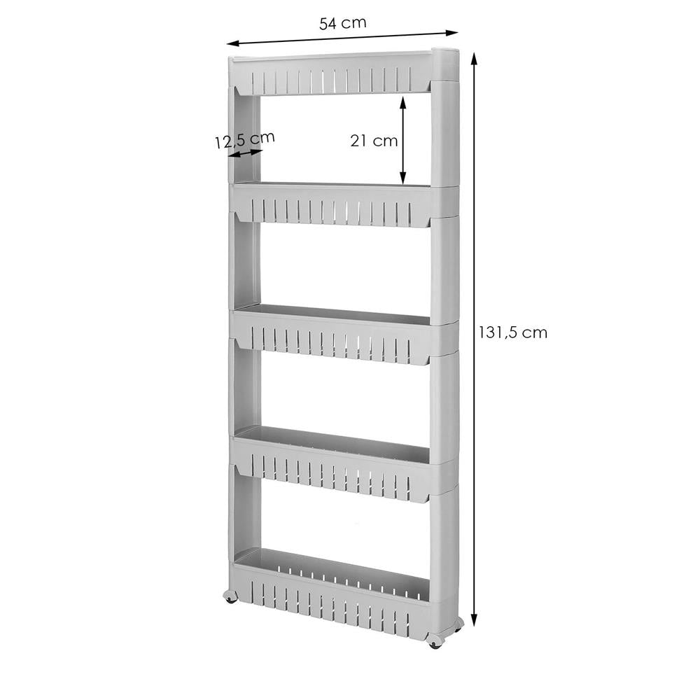 Sistem rafturi de depozitare cu roti pentru bucatarie sau baie cu 5 polite, 54x13x132cm, gri