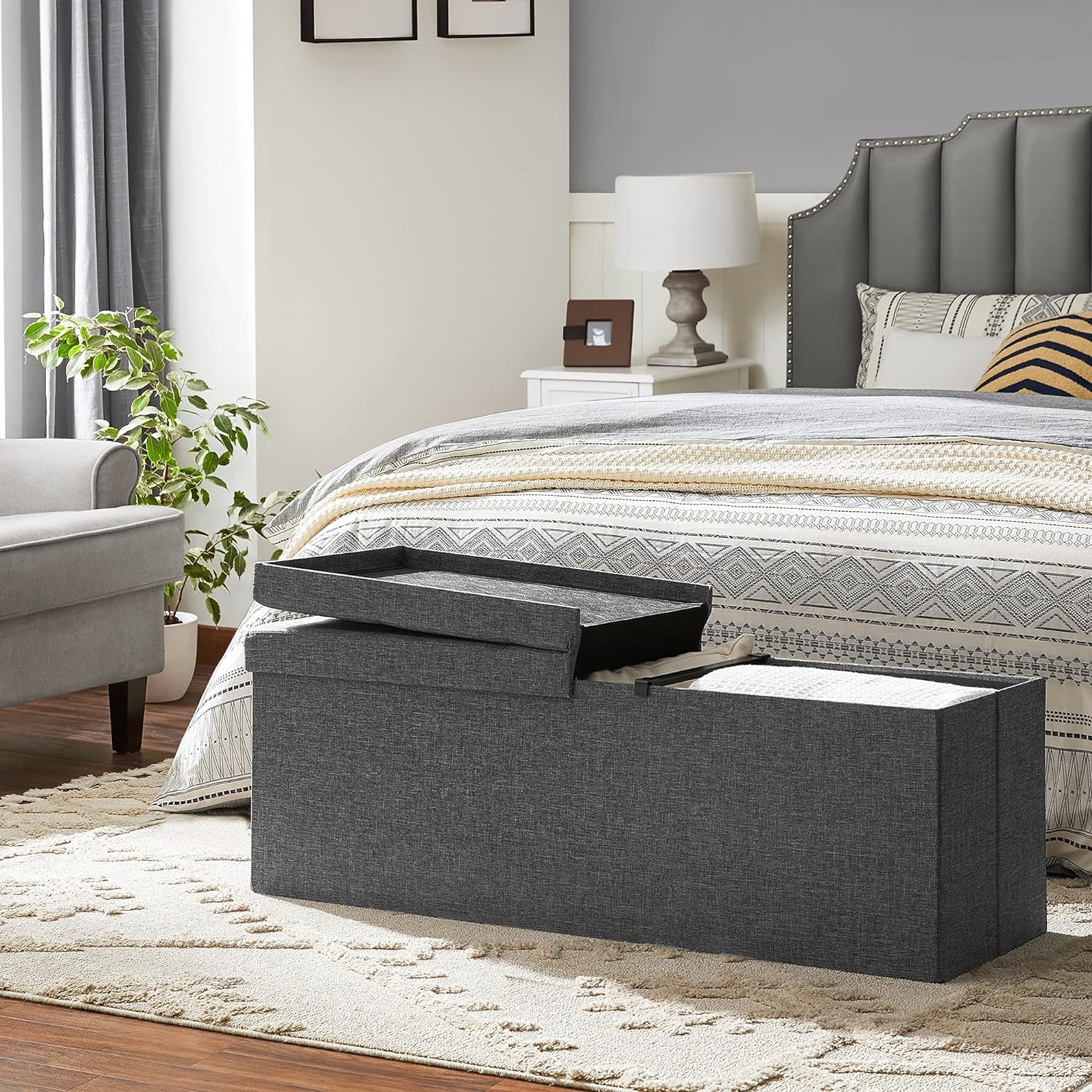 SONGMICS Taburet pliabil cu sezut moale, spatiu de depozitare 120litri, maxim 300kg, 110x38x38cm, gri