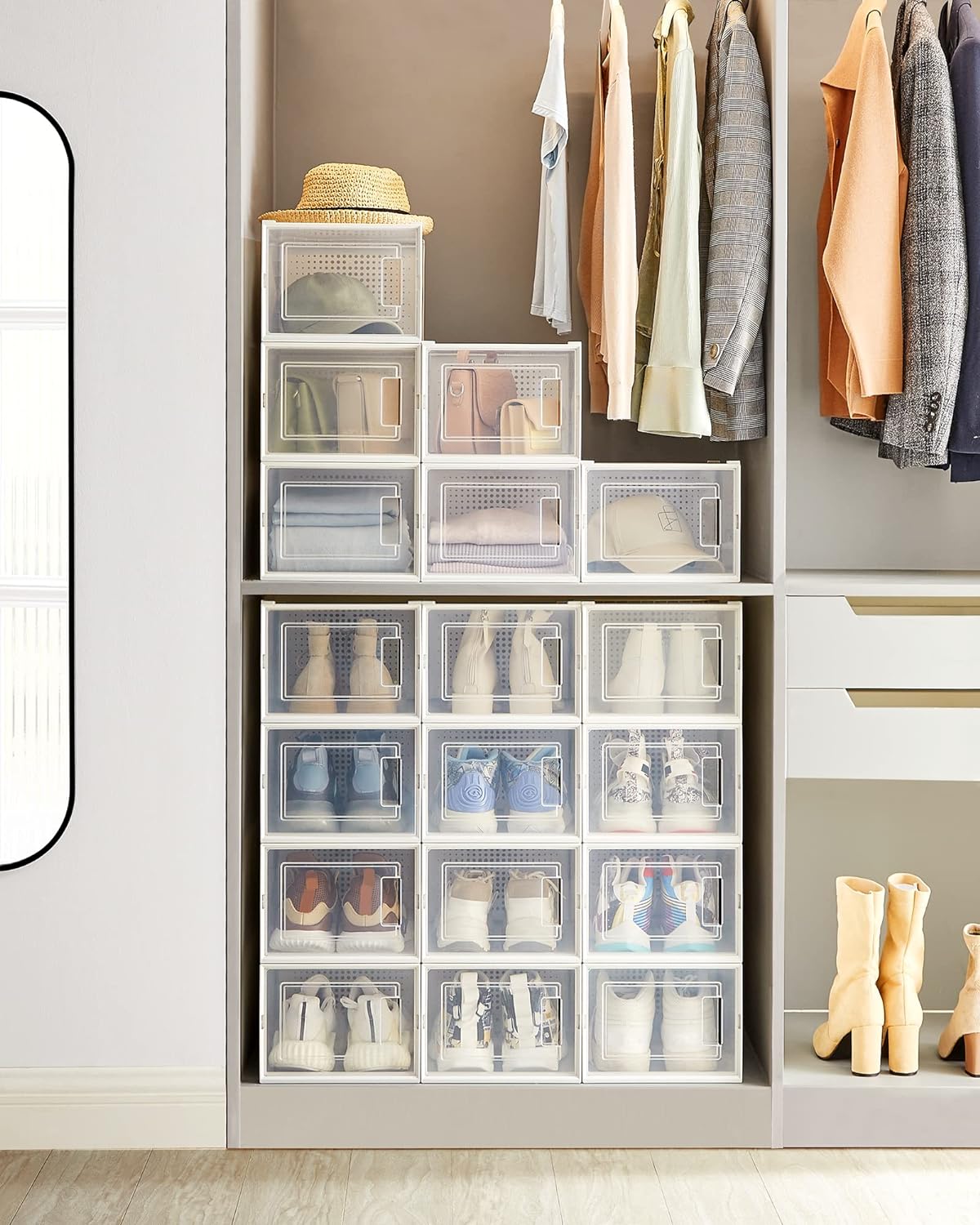 Cutii de pantofi, set de 18 organizatoare stivuibile, structura rezistenta ABS, 35x25x19cm, transparent