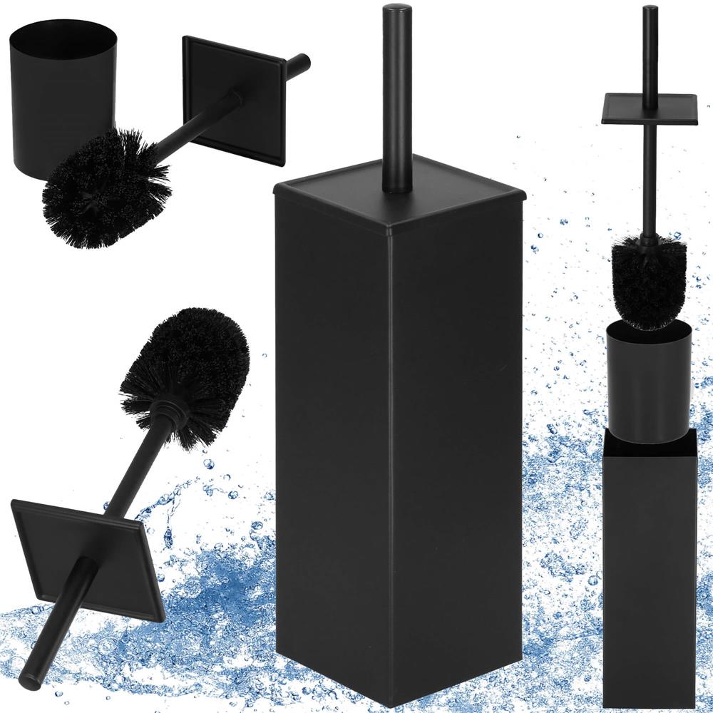 Perie WC cu rezervor detasabil si capac, din metal, 37 cm, negru