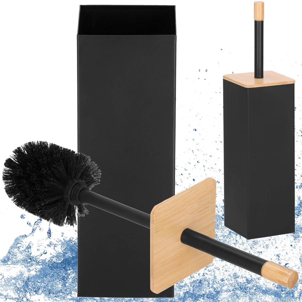 Perie WC cu rezervor detasabil si capac, din metal si bambus, 40 cm, negru
