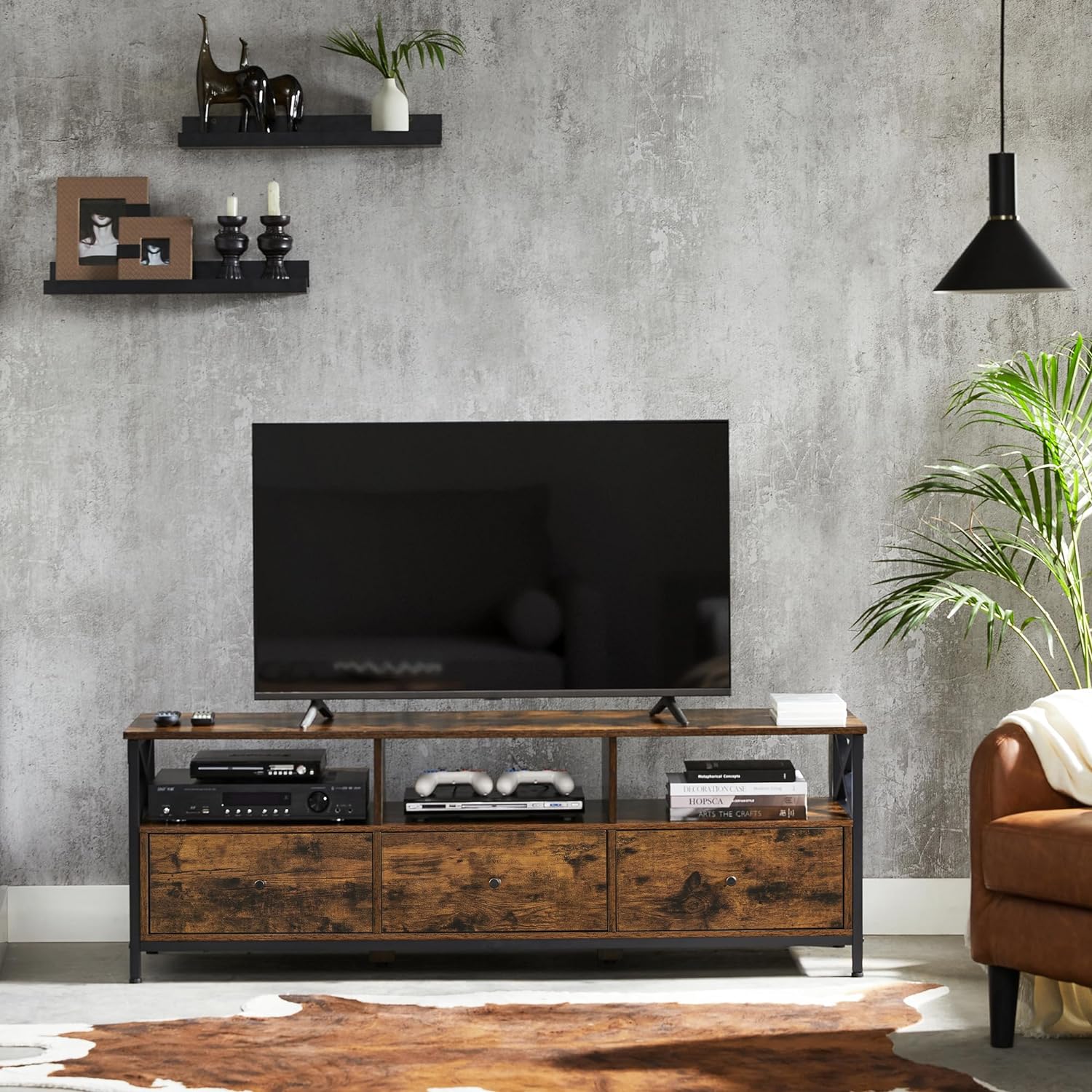 VASAGLE Comoda pentru TV de pana la 65 inch, cu 3 sertare si 3 rafturi deschise, 40x147x50cm, maro rustic si negru
