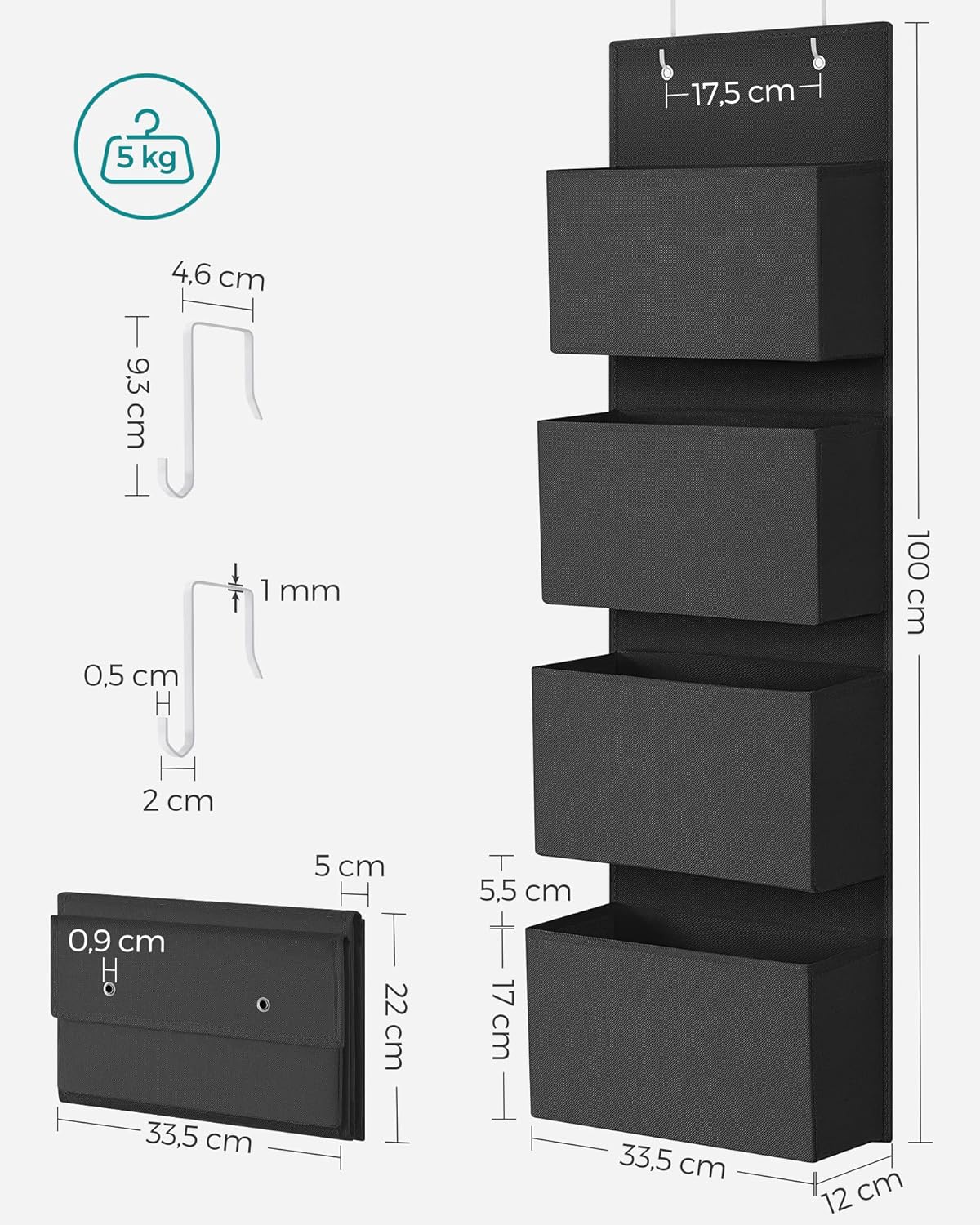 SONGMICS Organizator de depozitare pentru usa sau dulap, 4 buzunare, 12x34x100cm, negru