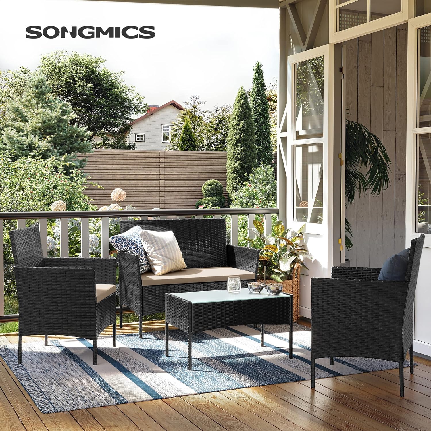 SONGMICS Set de mobilier pentru terasa sau balcon, din poliratan PE, masa, canapea si 2 scaune, negru - 2