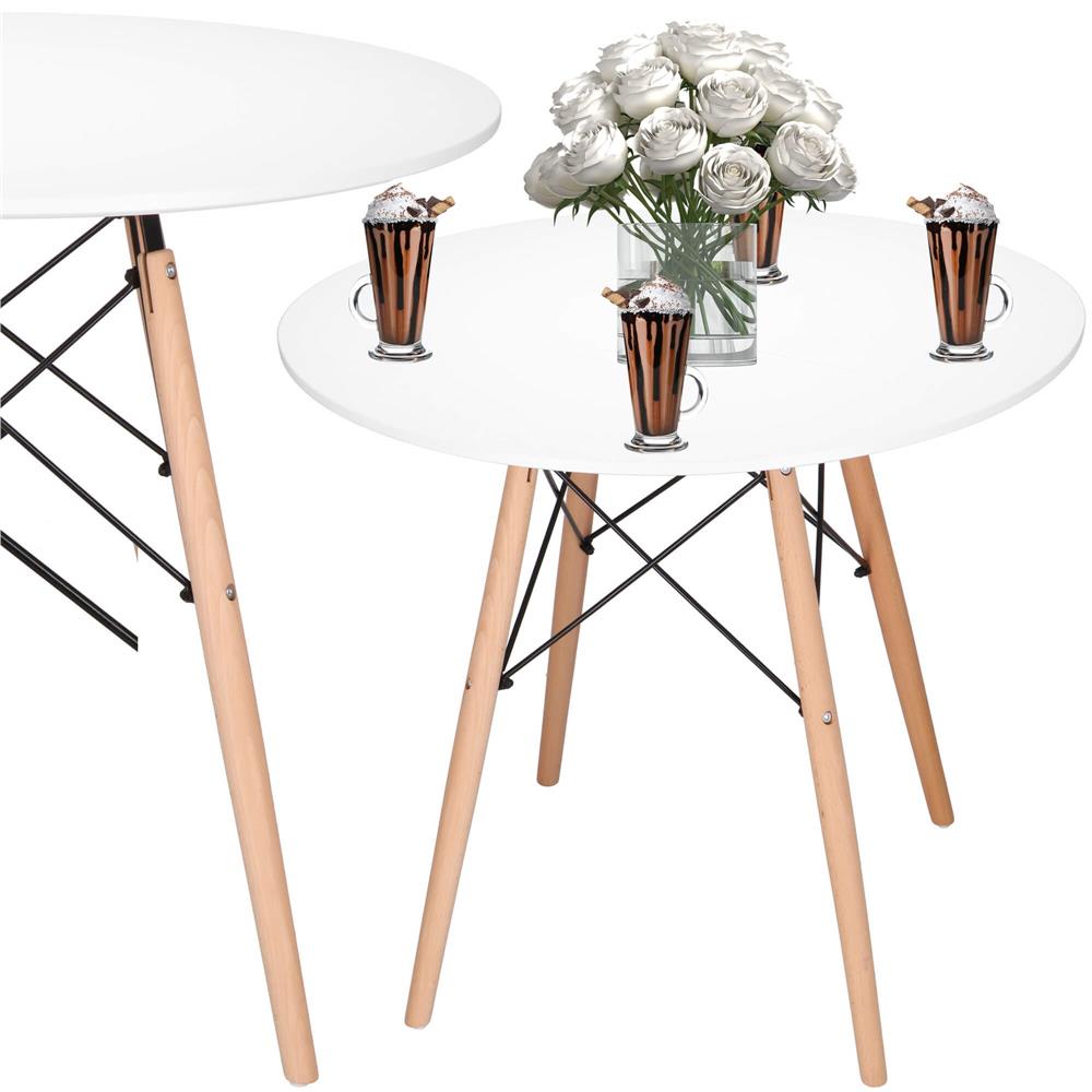 Masa dining bucatarie, rotunda, diametru 80 cm, inaltime 75 cm, Blat MDF, Picioare lemn, Alb