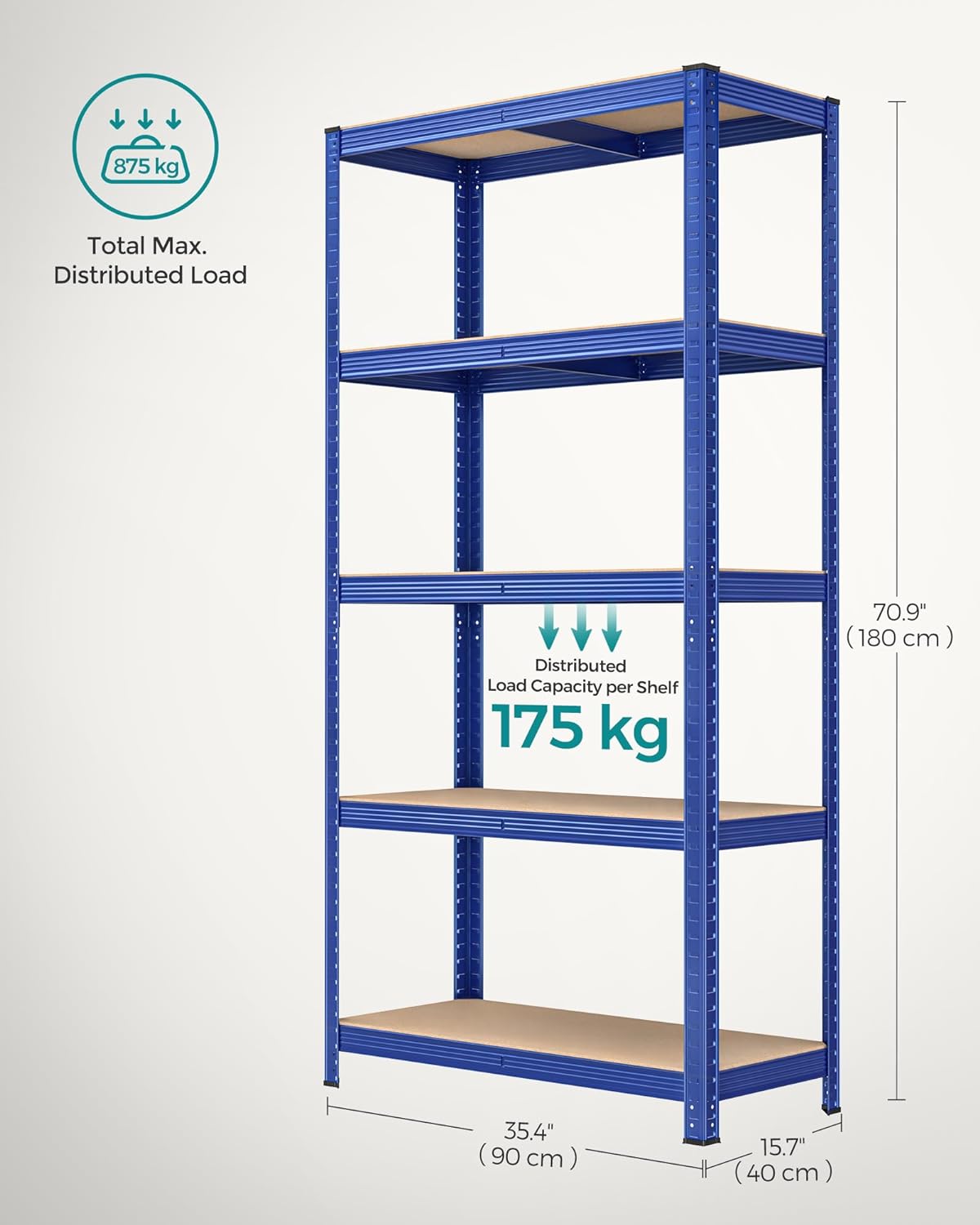 SONGMICS Raft de depozitare metalic, cu rafturi din MDF, 5 polite, max. 875 kg, 180x90x40cm, albastru
