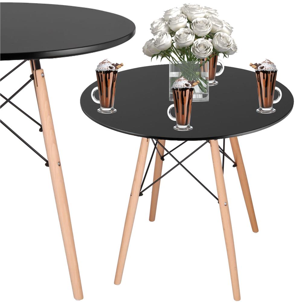 Masa dining bucatarie, rotunda, diametru 80 cm, inaltime 75 cm, Blat MDF, Picioare lemn, Negru