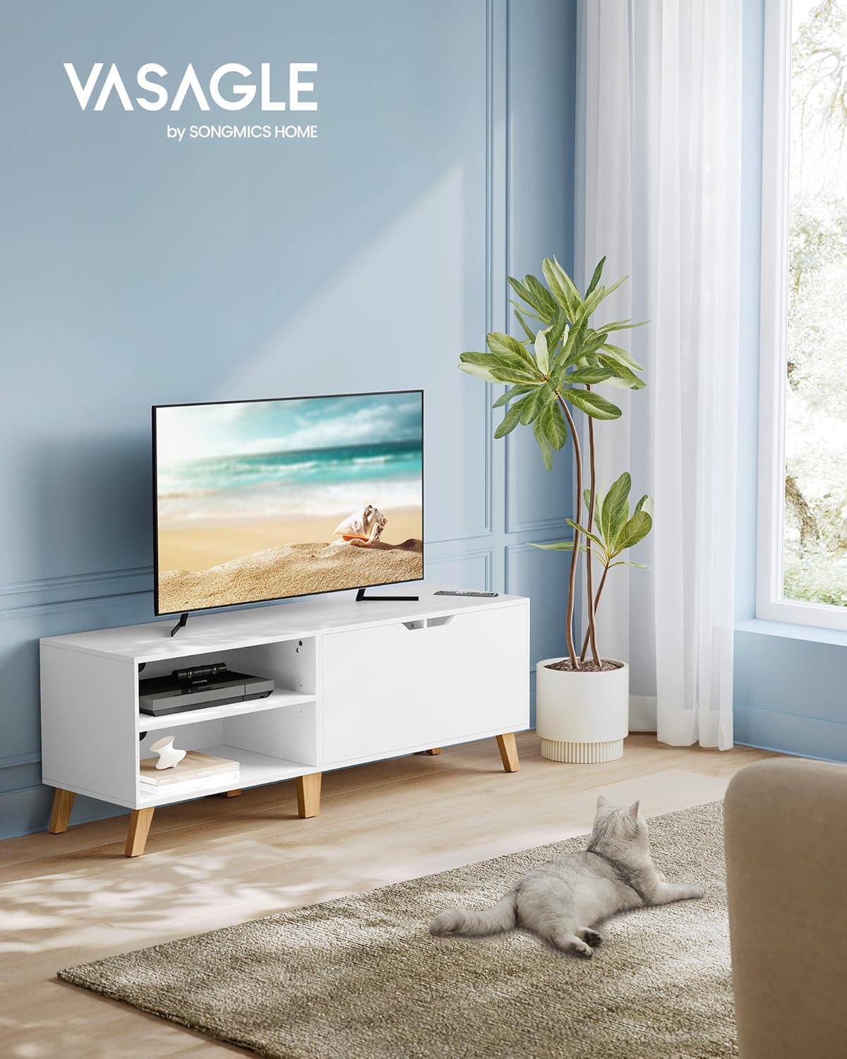 VASAGLE Comoda pentru TV de pana la 65 inch, cu 2 usi si raft reglabil, 40x140x50 cm, alb