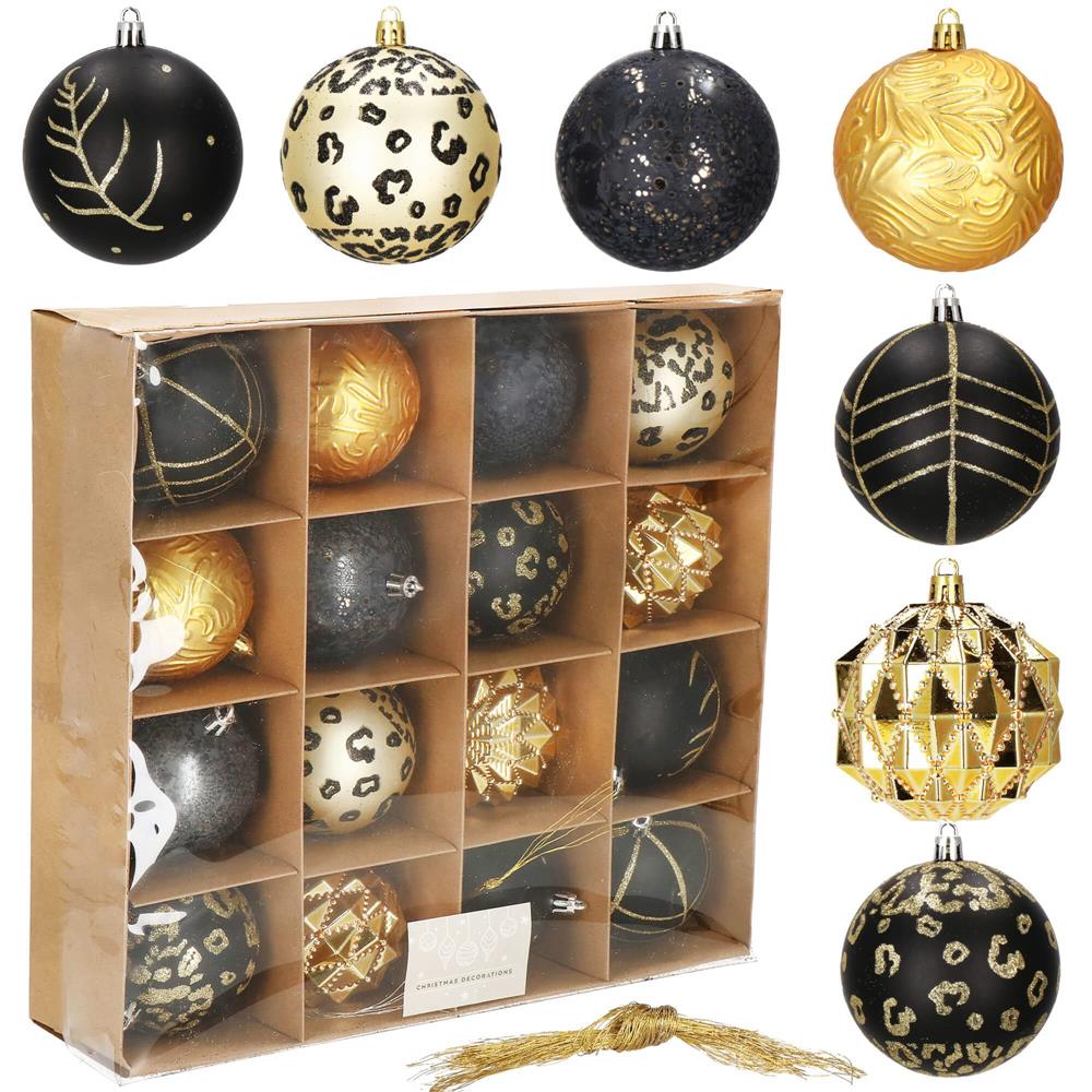 Set globuri de Craciun, 16 bucati, 8cm, 6 modele, negru auriu