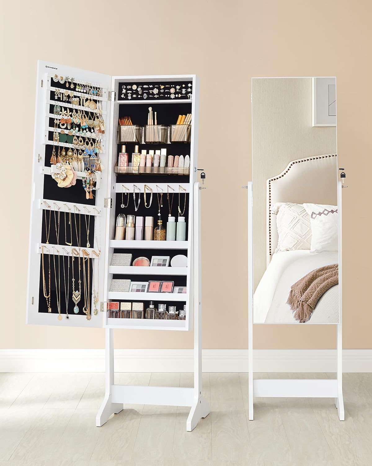 SONGMICS Oglinda de podea cu suport, design fara rama, cu spatiu de depozitare, 41x37x152cm, alb