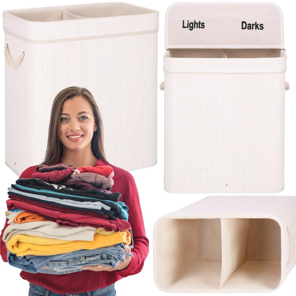 Cos de rufe din bambus cu capac, 2 compartimente, sac detasabil, volum 100L, 54x35x60cm, alb - 3