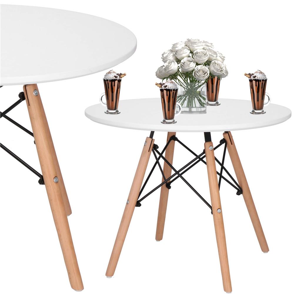 Masa de cafea, rotunda, diametru 60 cm, inaltime 45 cm, Blat MDF, Picioare lemn, Alb