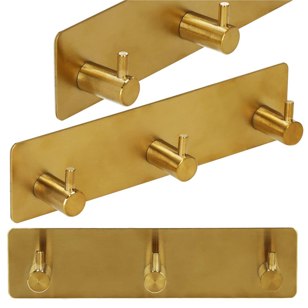 Cuier de baie pentru prosoape, montare fara gaurire, otel, 3 agatatori, 18x4.5cm, auriu
