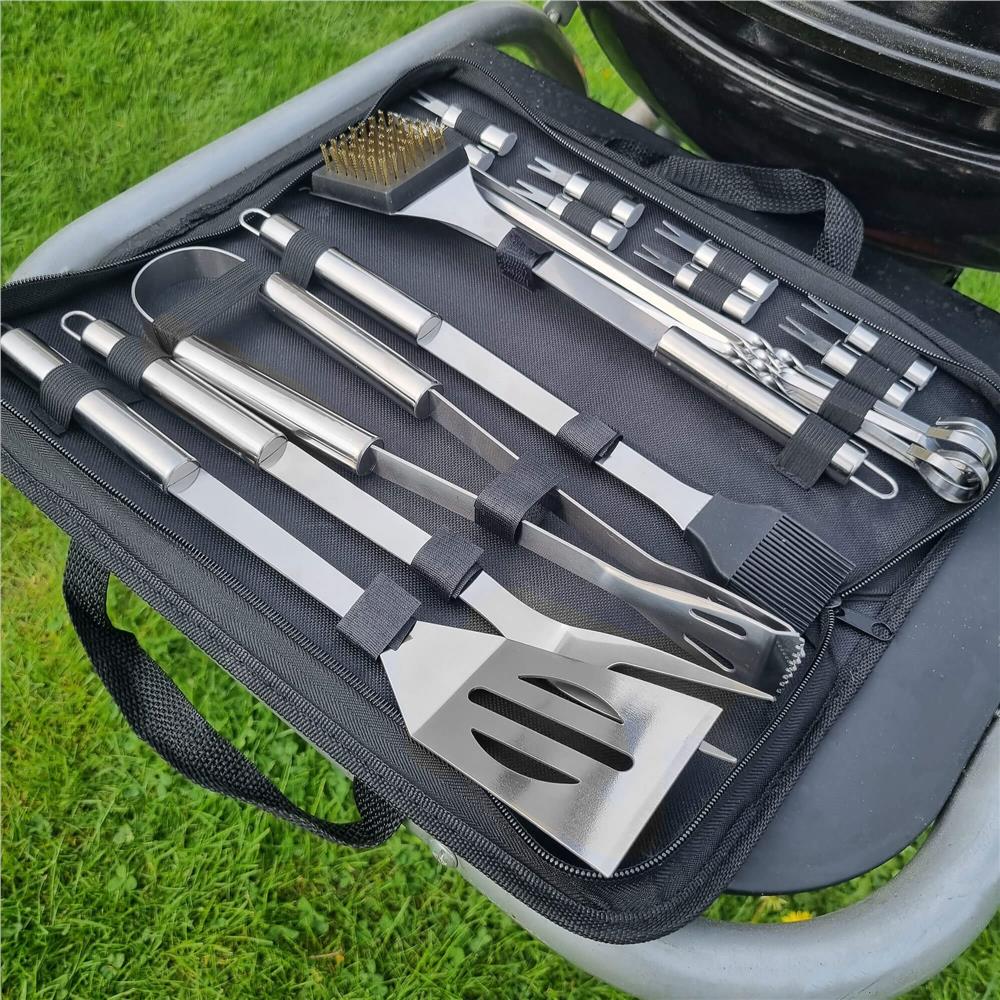Set accesorii pentru gratar din inox, 20 de piese inclusiv perie, husa transport