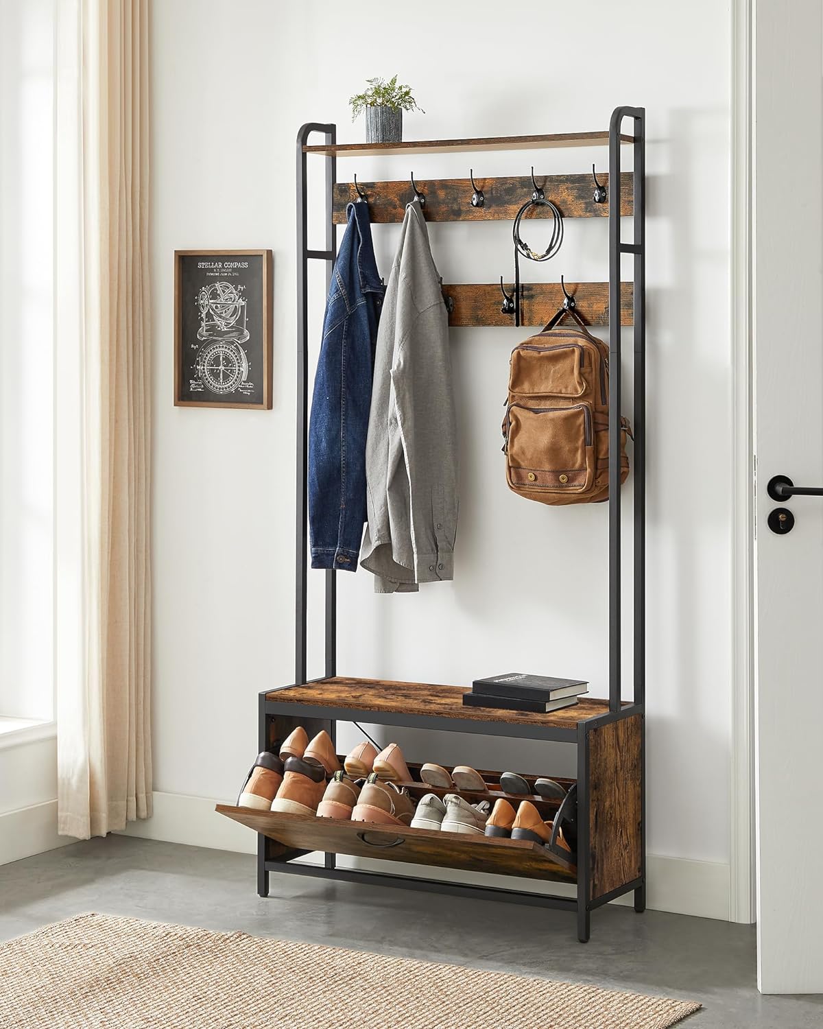 VASAGLE Cuier cu dulap de depozitare pantofi, cadru din otel, stil industrial, 32x85x180cm, maro rustic