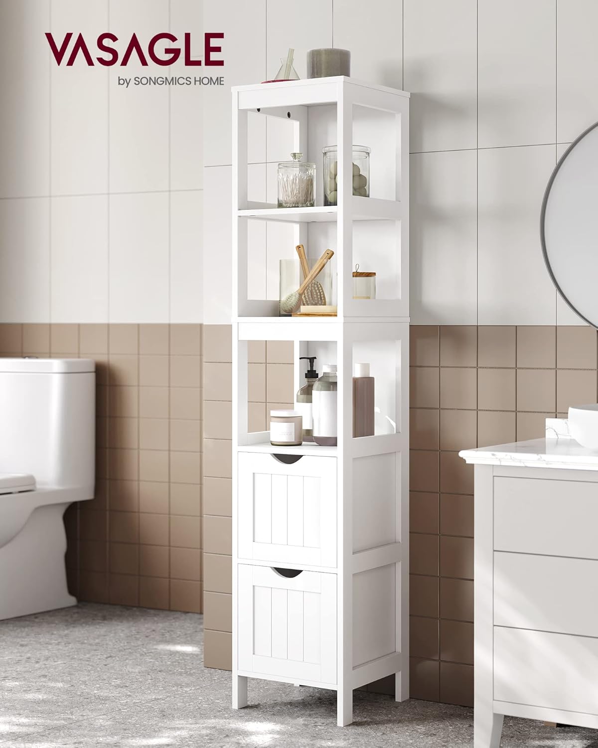 VASAGLE Dulap de baie tip coloana, din MDF, cu 2 sertare si 3 rafturi, 30x30x142 cm, alb