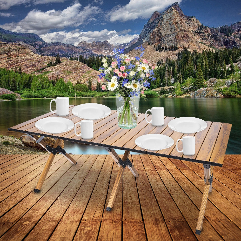 Masa pentru camping cu sistem de pliere rapida, cadru metalic otel, 118x60x45cm, maro